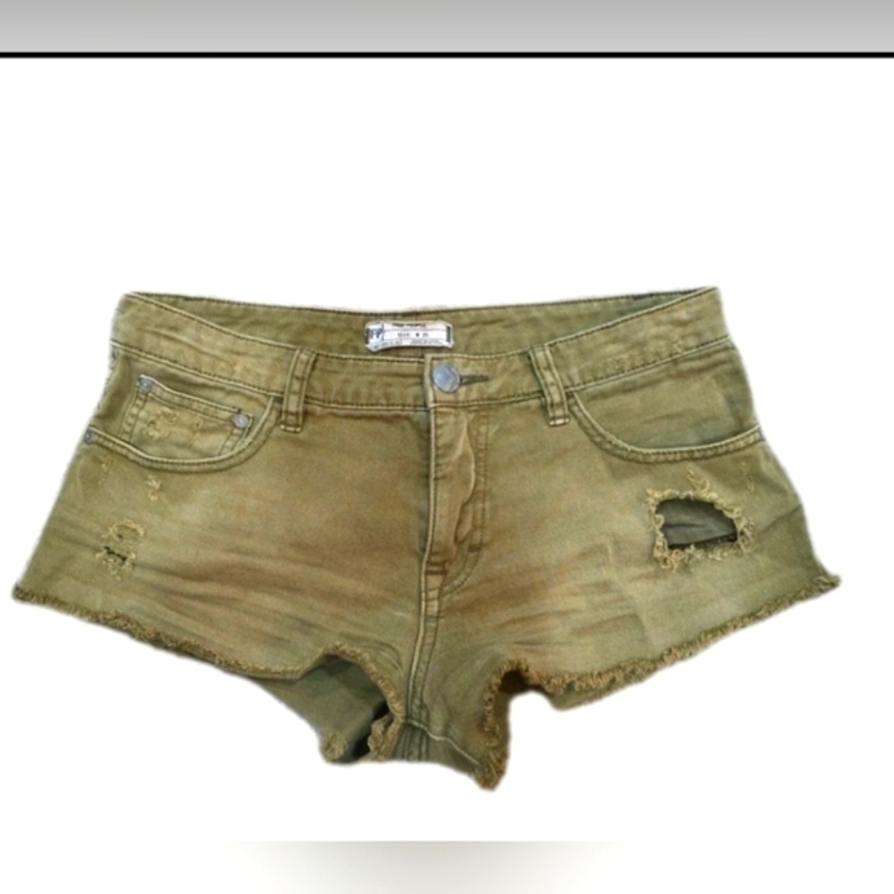 #212 Free People Distressed Denim Mini Cheeky Shorts Size 25 Cotton Army Green